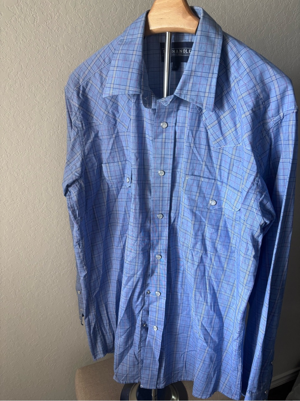 Panhandle Western Pearl Snap Shirt Blue Plaid Cowboy Rodeo Mens L